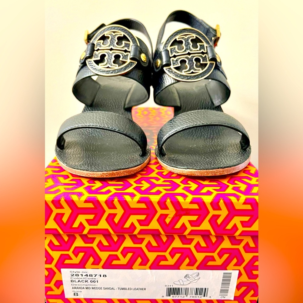 Tory Burch Amanda Mid Wedge Sandal - Tumbled Leather (Black) Size 8